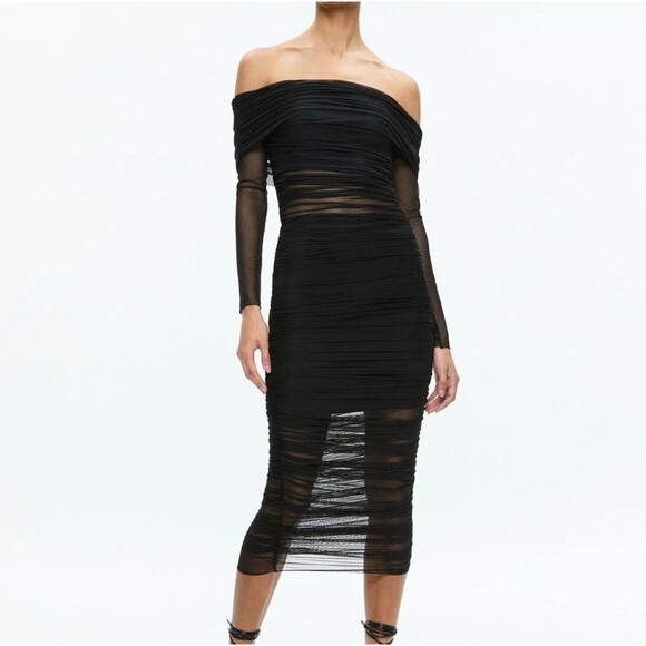 Alice + Olivia Dresses & Skirts - Alice & Olivia Black Mesh Midi Dress Women’s Size 2 Ruched Body-con Off Shoulder